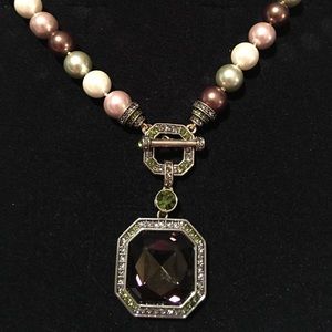 Heidi Daus Faux Pearls Brown stone Drop Necklace